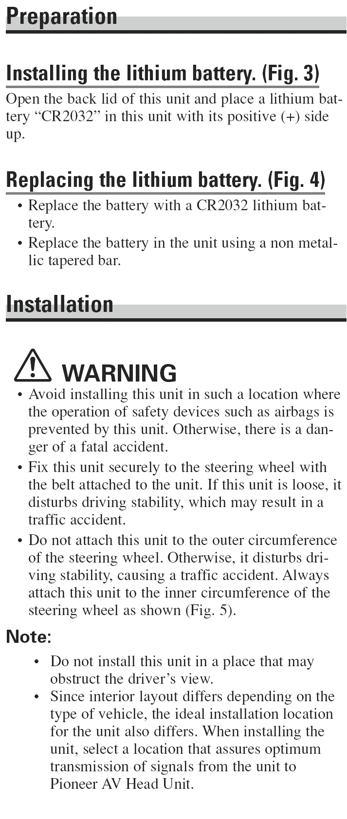 Pioneer CD-SR11 Steering Wheel Remote Control - Warnings