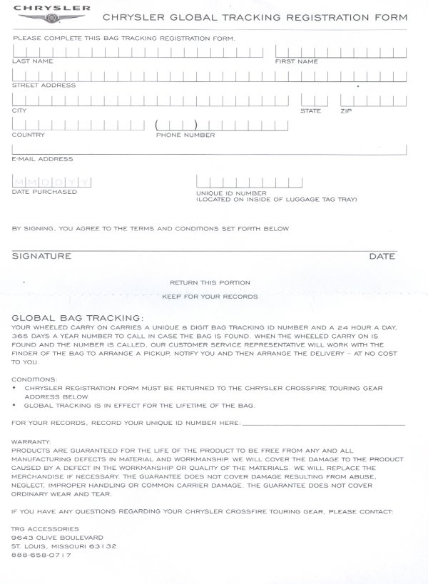 Chrysler Crossfire Touring Gear Registration Form