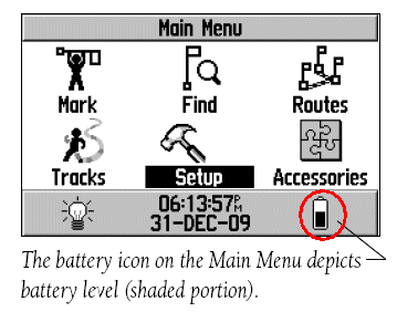 Garmin V Main Menu showing Battery Icon (Indicates unit is powered by batteries and shows charge level)
