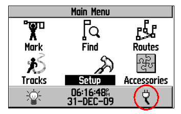 Garmin V Main Menu - Shows External Power Icon (Unit is receiving power from an external source)