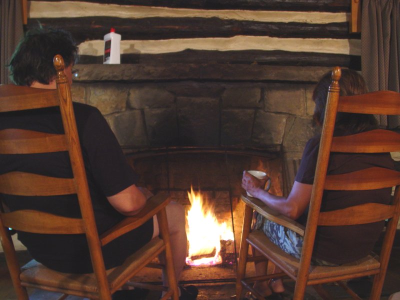 Babcock State Park, WV, Cabin 6, Great Room, Paul and Maria with fire