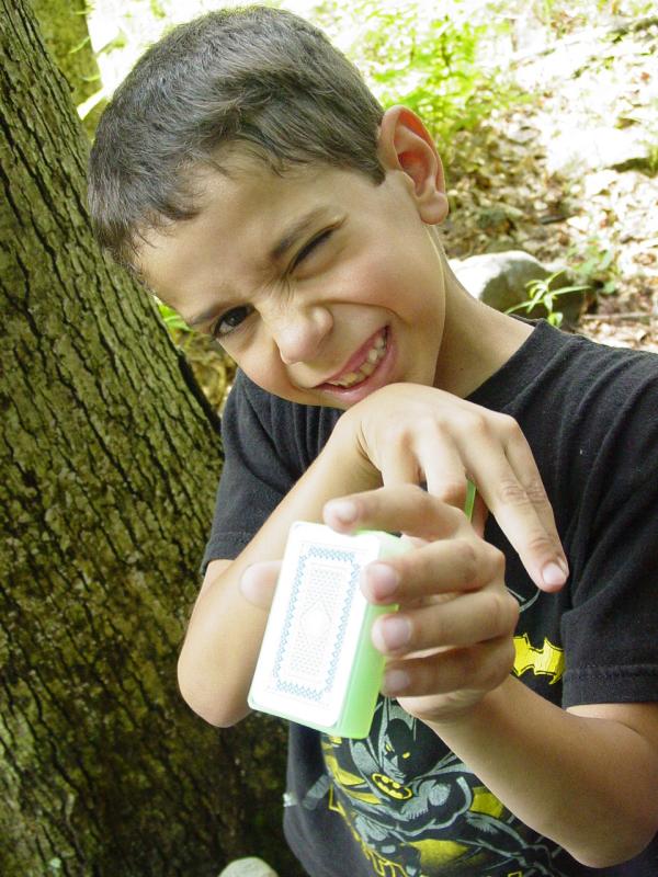 Tomi shows the cards while bugs attack - Click to Enlarge