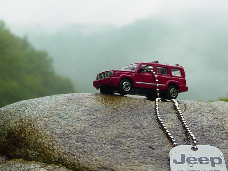 Red Jeep Travel Bug below Cheat View on the Cheat River