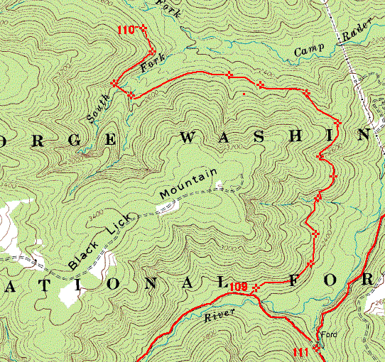 Unmarked Trail (109) blocked by trees (110) and way out (111)