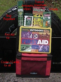 First Aid Supplies - Insect Repellent, Antiseptic wipes, topical anesthetic, whisle, First Aid Kit, insulated carry case