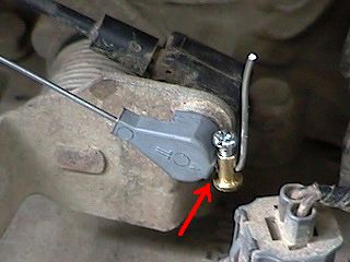 Cable anchor and retaining nut (throttle at idle)